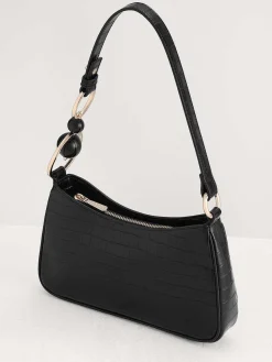 Acrylic Embellished Croc-Effect Embossed Shoulder Bag