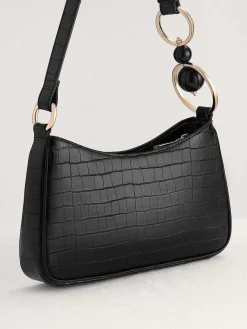 Acrylic Embellished Croc-Effect Embossed Shoulder Bag