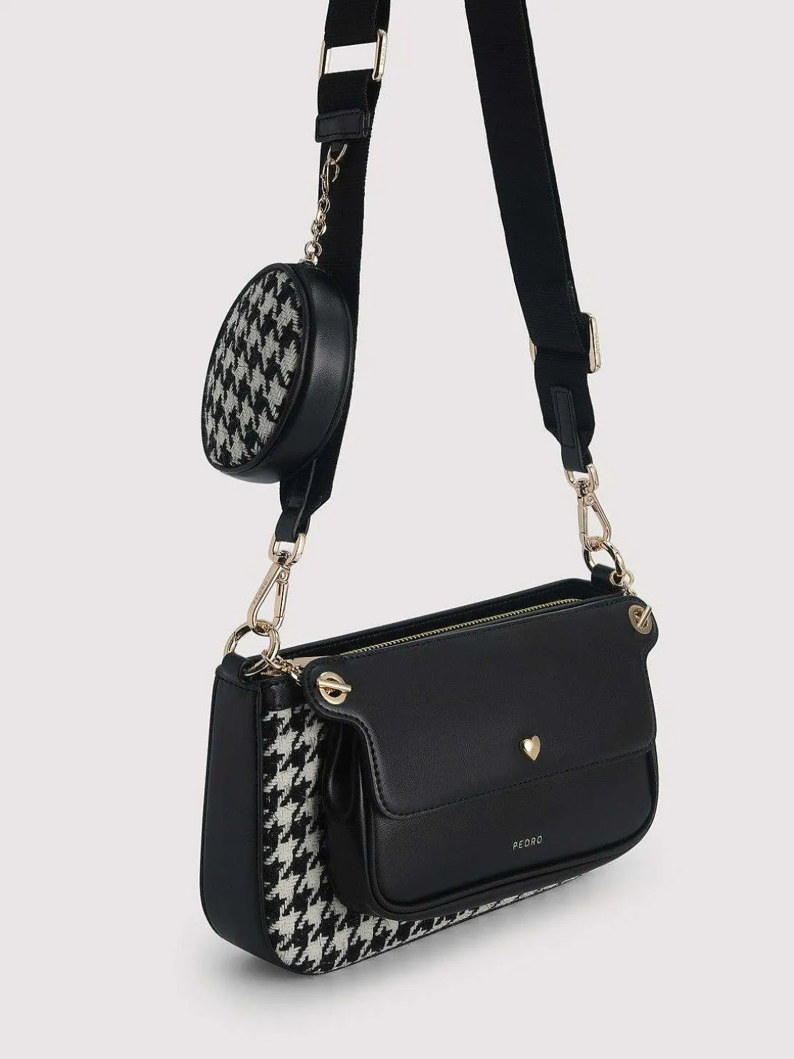 Dilone Houndstooth Double Flap Shoulder Bag