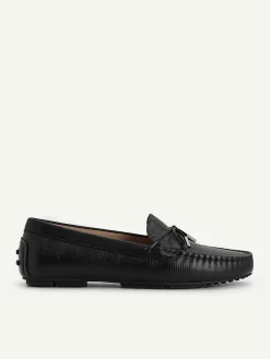 Lizard-Effect Leather Bow Driving Shoes